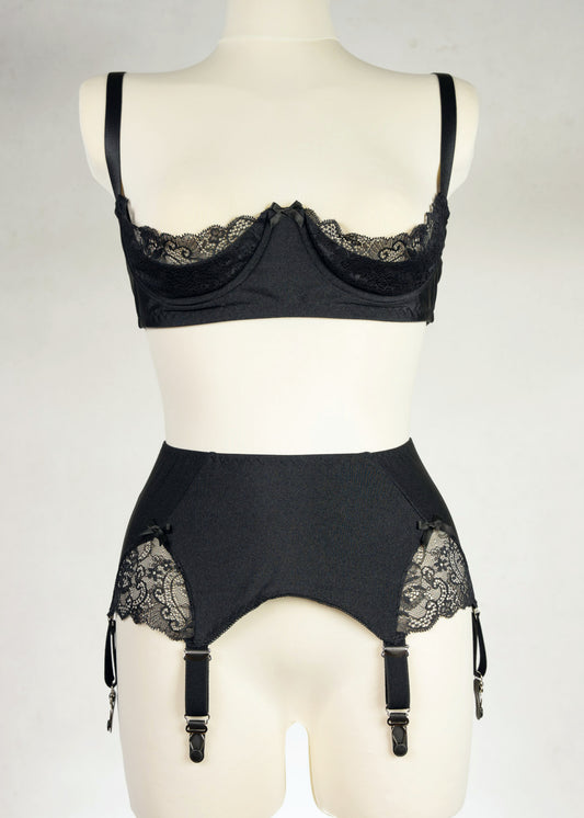 black, retro style, 6 strap Scarlett garter belt with black straps and lace side inserts, shown with matching Lucy quarter cup bra