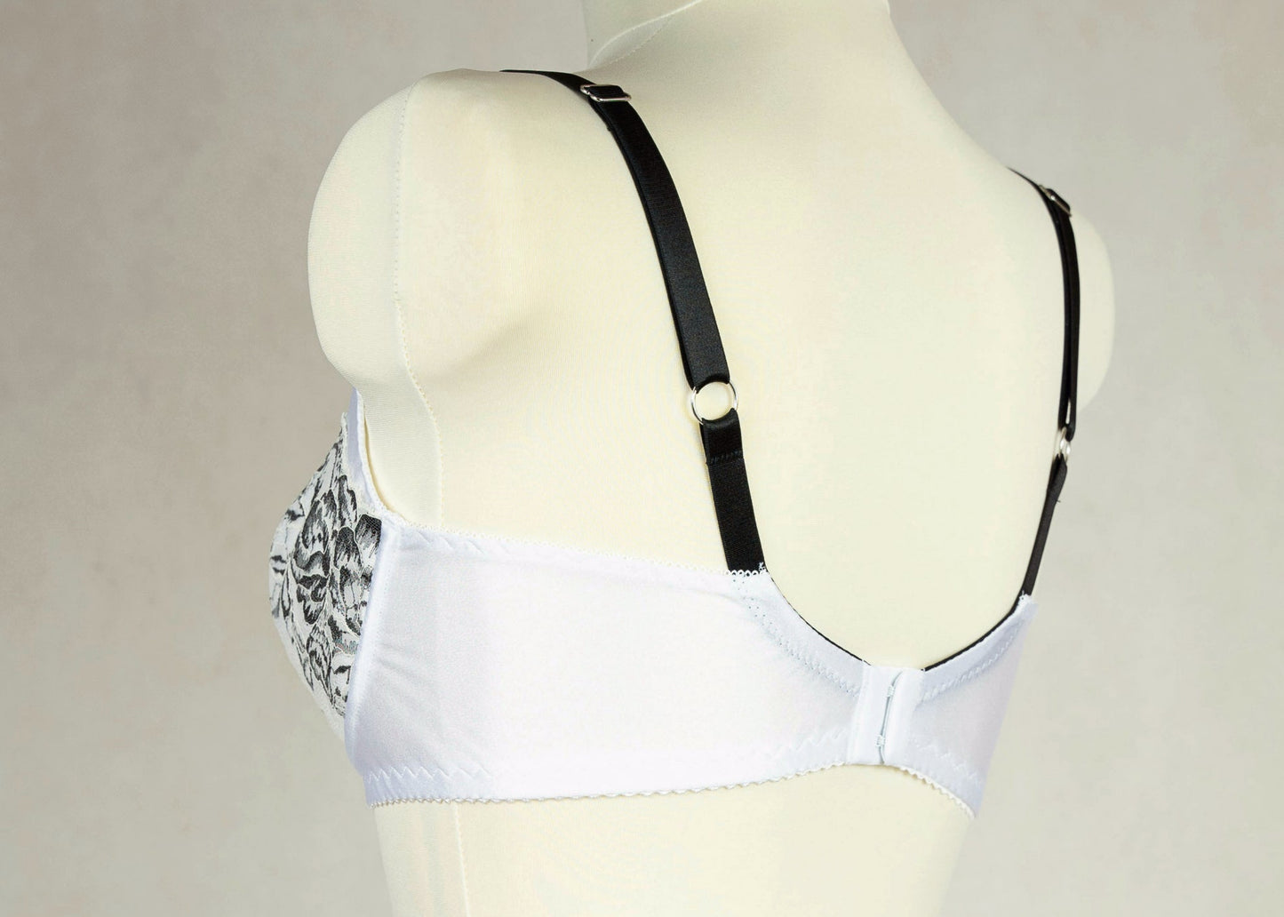 white and black lace soft cup bra, size US 34C or EU 75C, back view