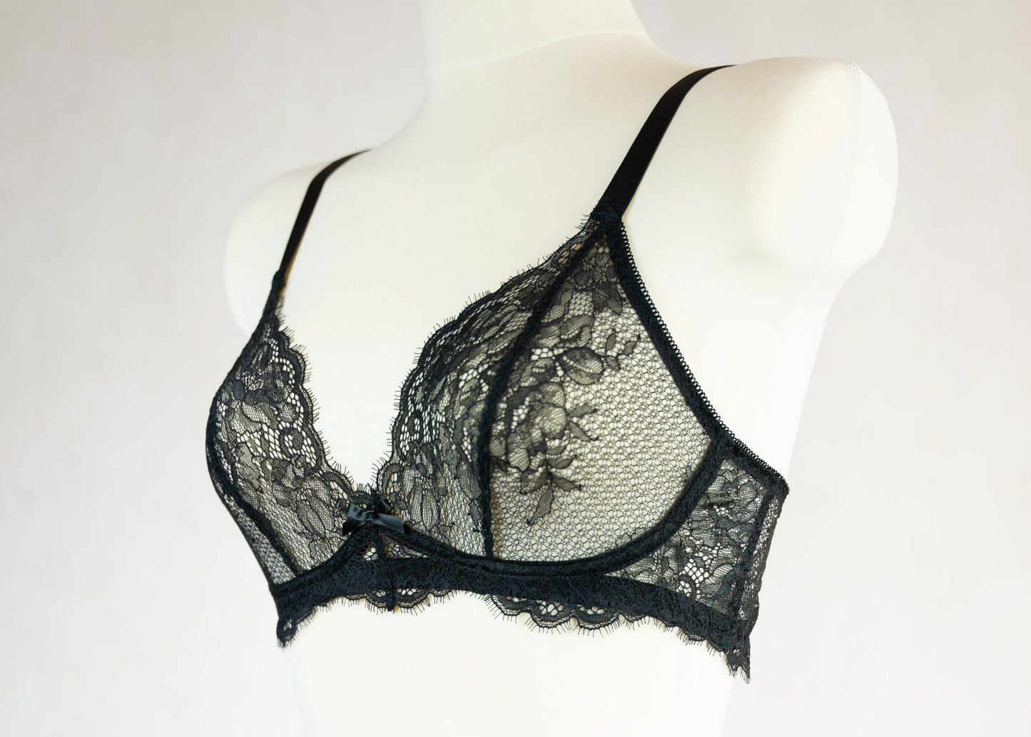 black soft wireless bra/bralette, made in black stretch lace, size 34B or European size 75B, side view