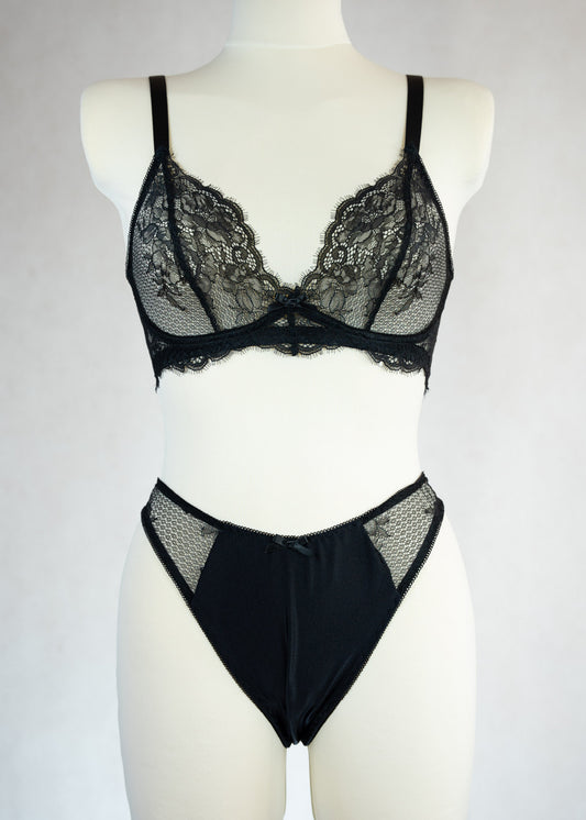 black high waist Ivy thong panties with lace side panels