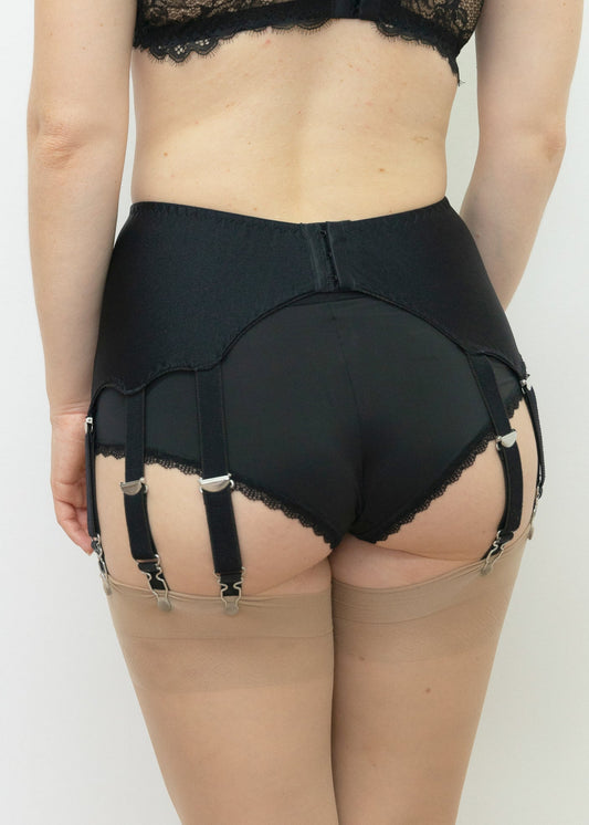 retro style black 10 strap Greta garter belt, back view