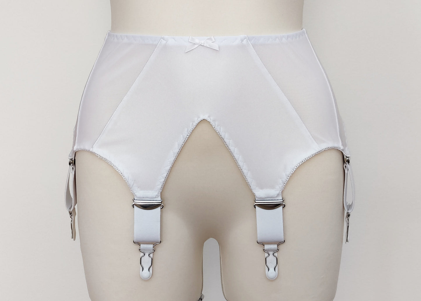 white, wide, vintage style, Grace garter belt, with 6 extra wide straps and mesh panels