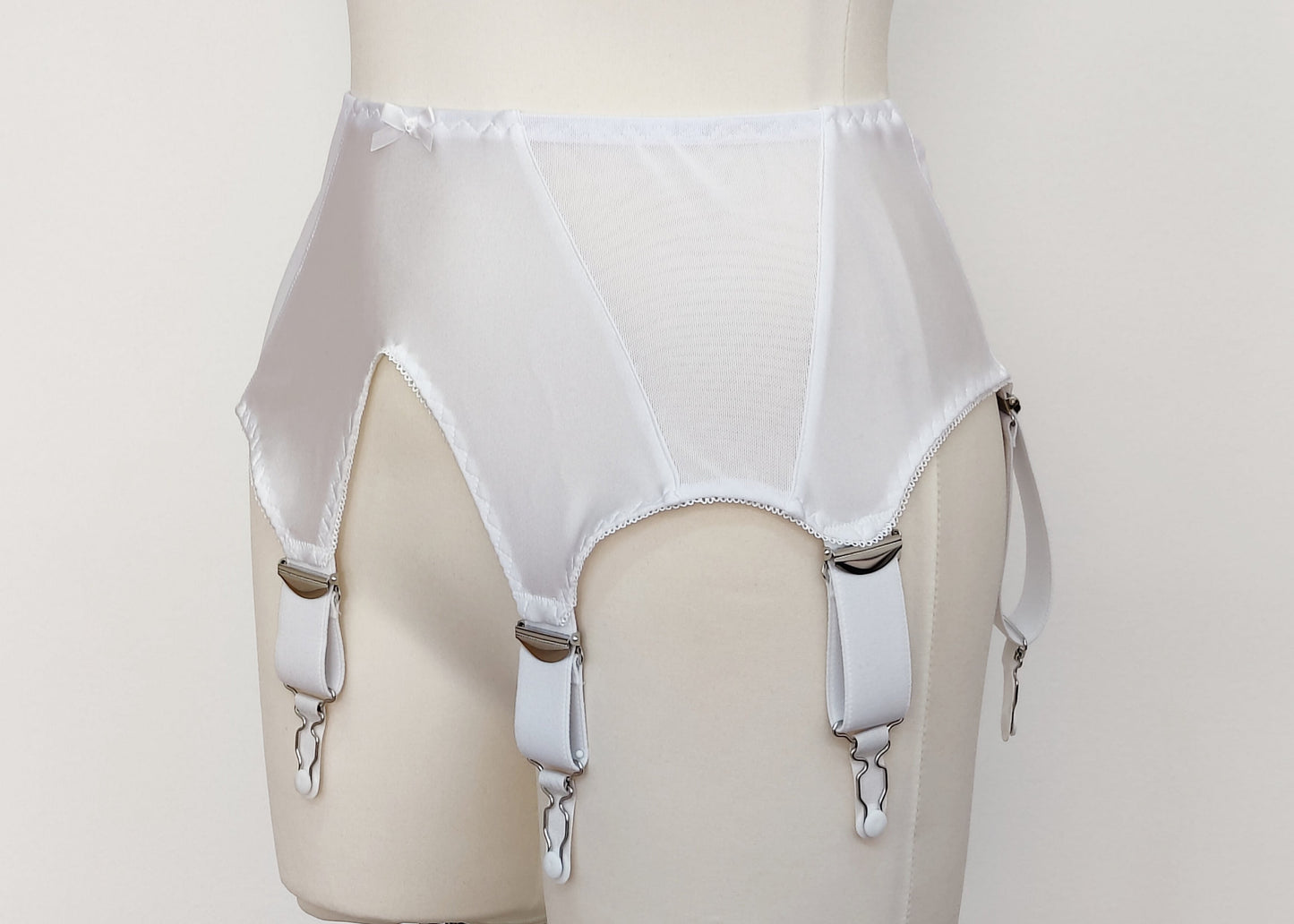 white, wide, vintage style, Grace garter belt, with 6 extra wide straps and mesh panels., side view