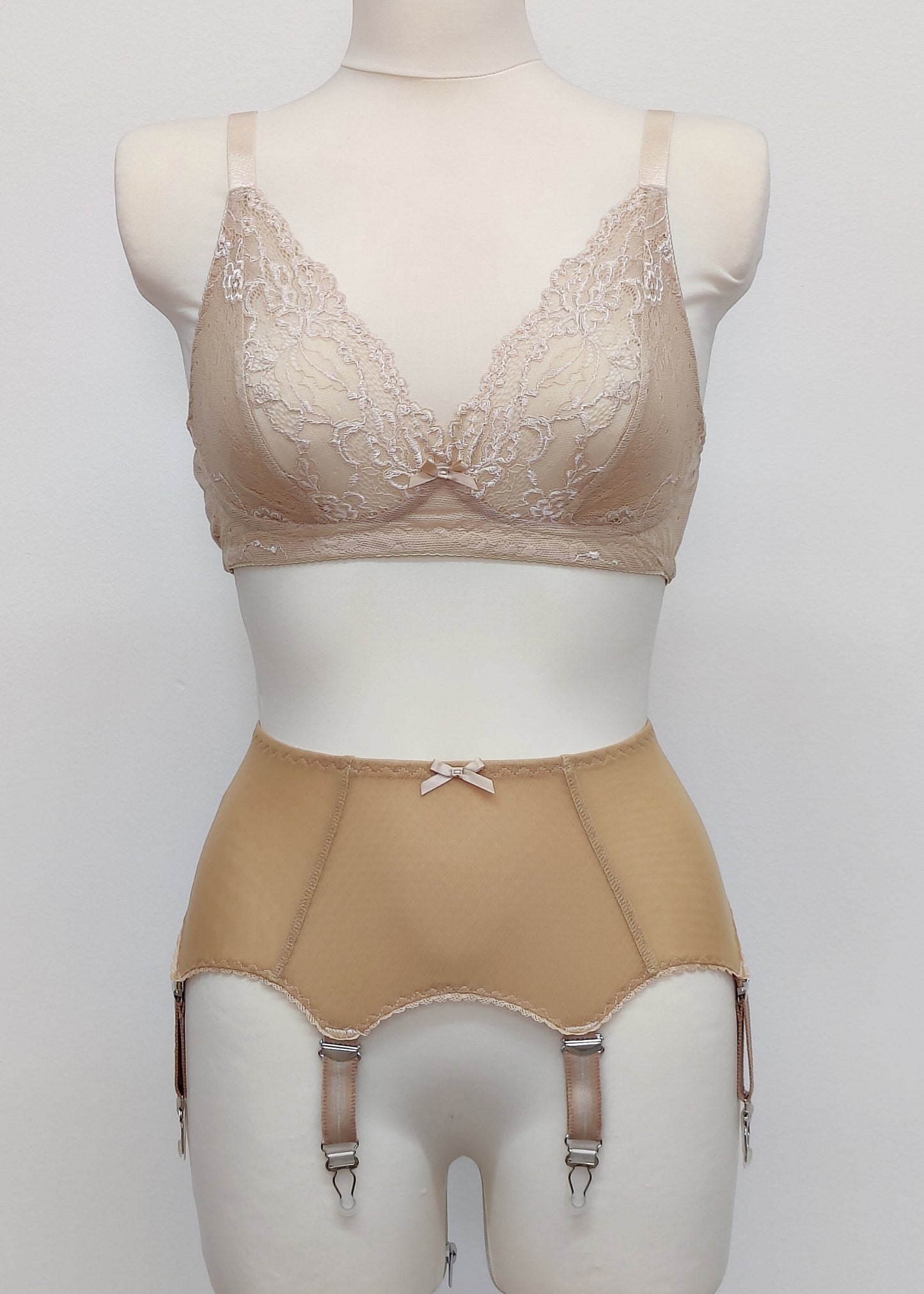 beige sheer 4 strap Lula garter belt, shown with beige bralette
