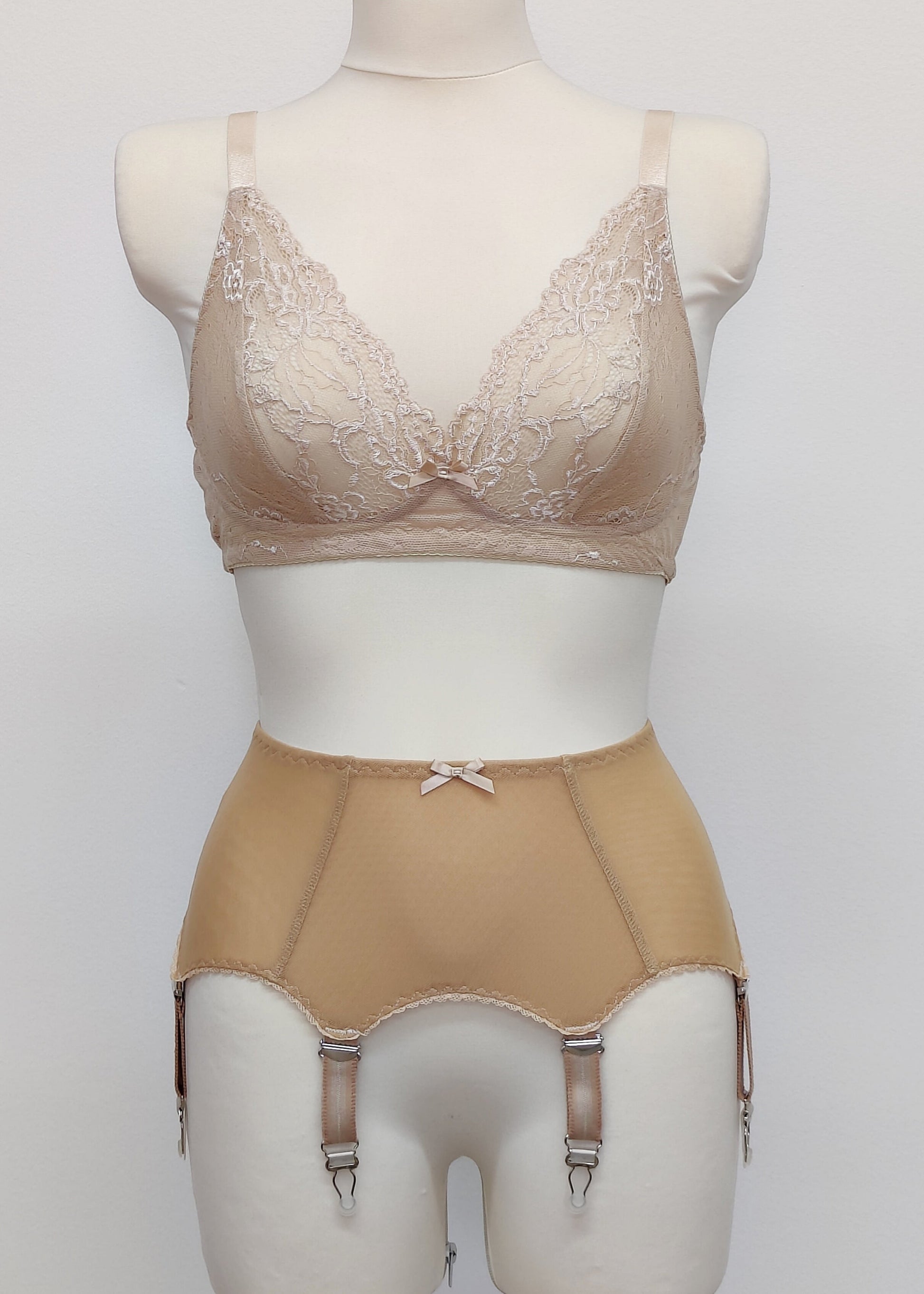 beige sheer 4 strap Lula garter belt, shown with beige bralette