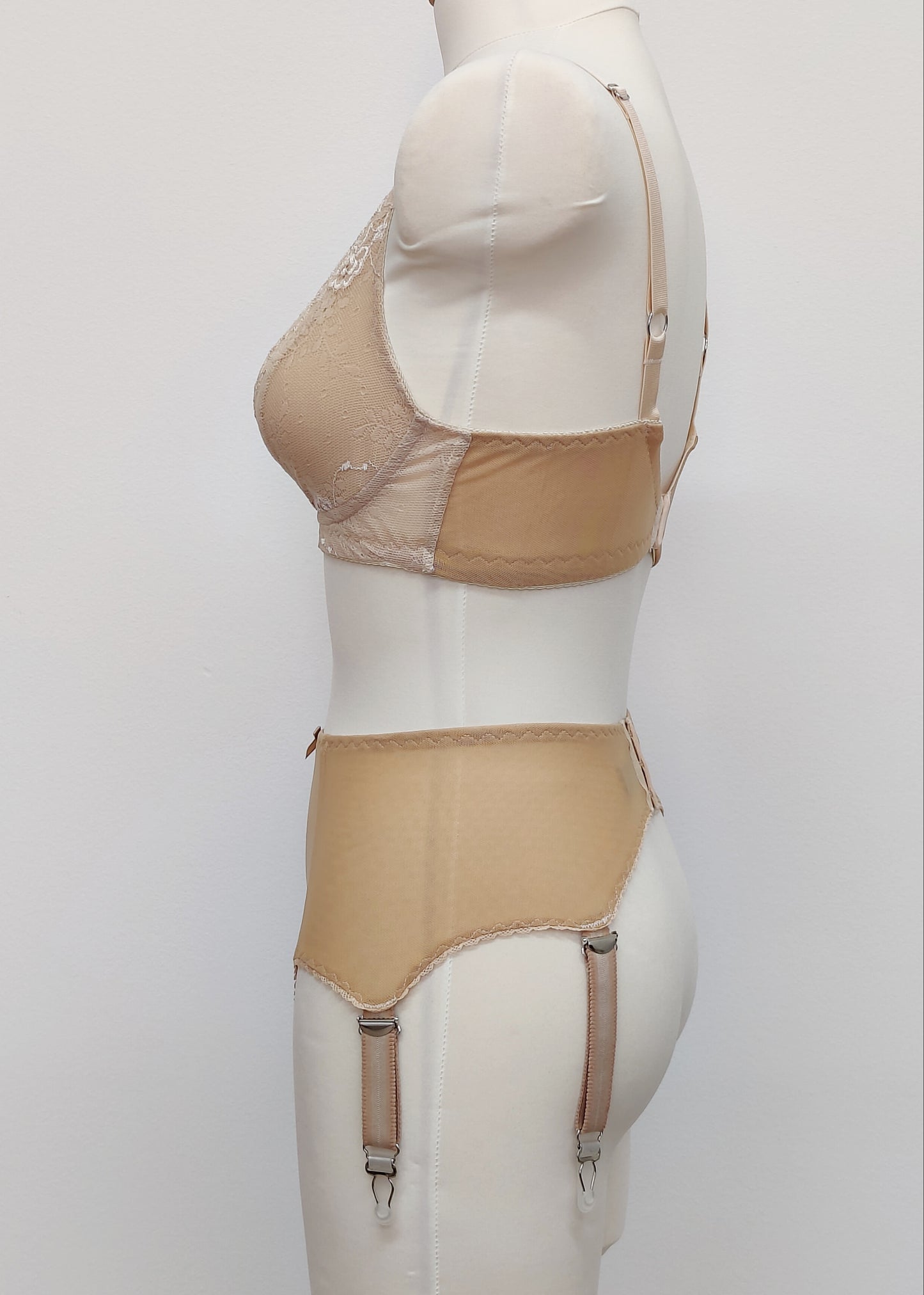 beige sheer 4 strap Lula garter belt, shown with beige bralette, side view