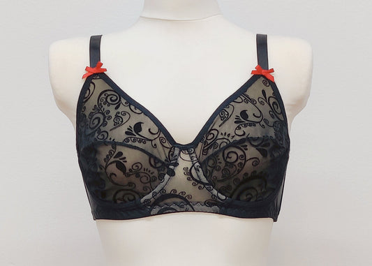 black flocked velvet mesh full cup bra, with red satin bows, size US 36C