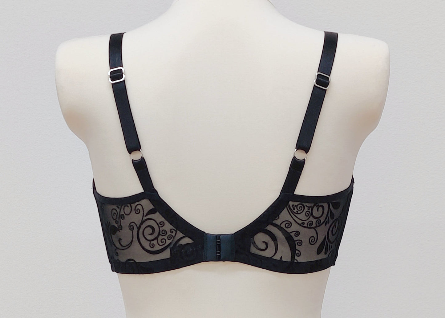 black flocked velvet mesh full cup bra, size US 36C, BACK VIEW