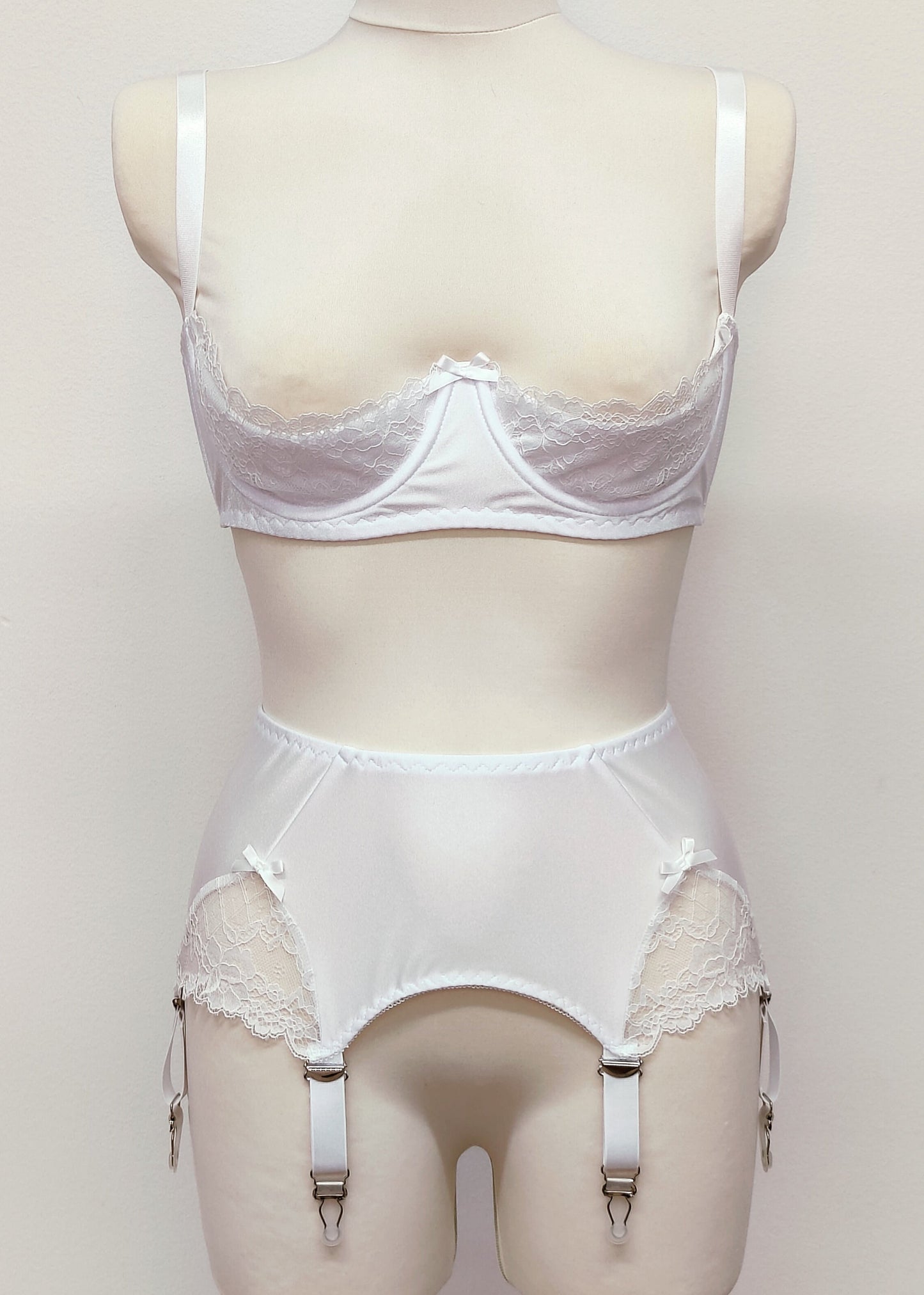 white, wide, 6 strap Scarlett garter belt with side lace inserts, shown with matching Lucy bra