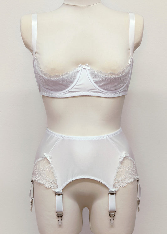 white, wide, 6 strap Scarlett garter belt with side lace inserts, shown with matching Lucy bra