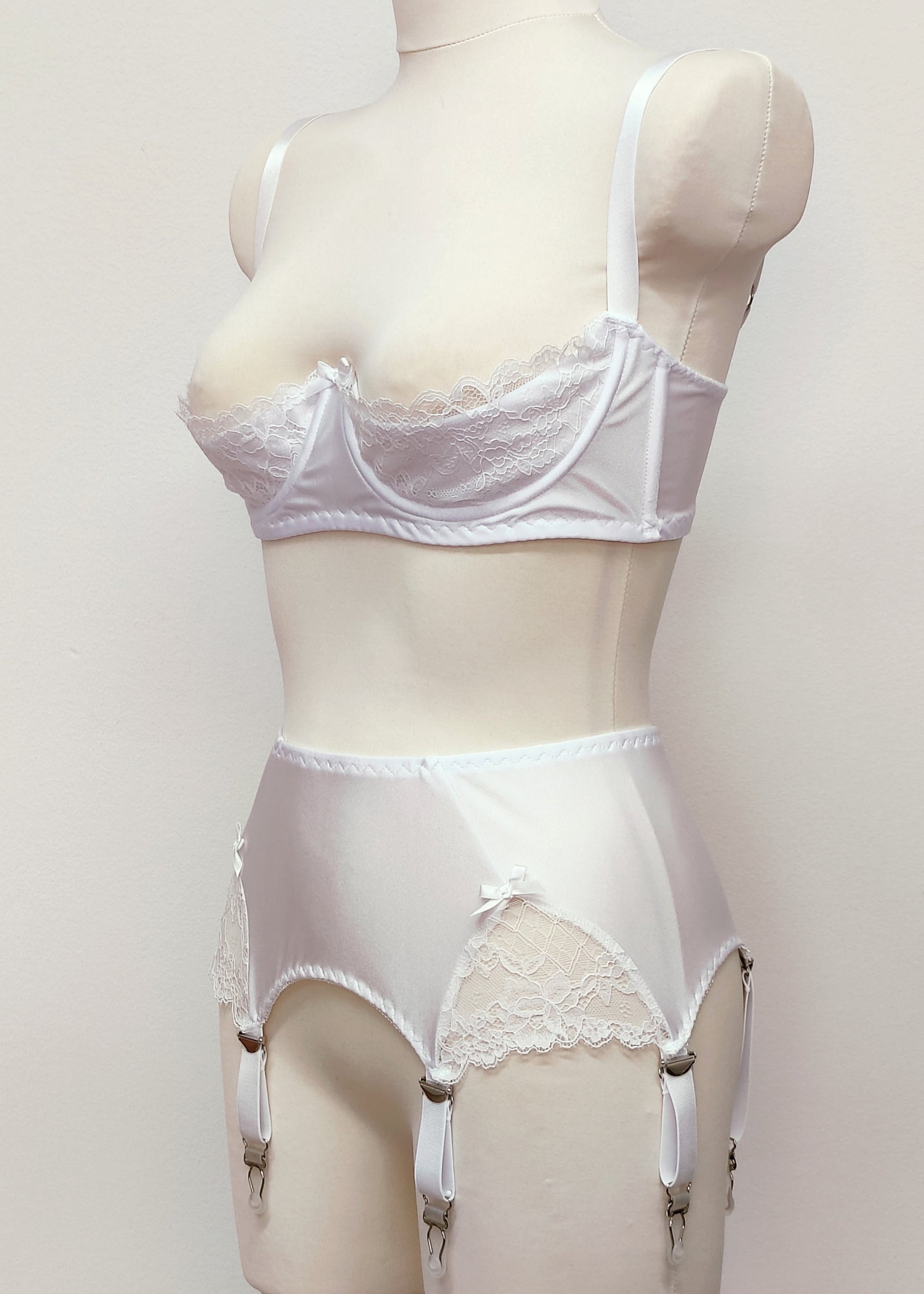 white, wide, 6 strap Scarlett garter belt with side lace inserts, shown with matching Lucy bra, side view