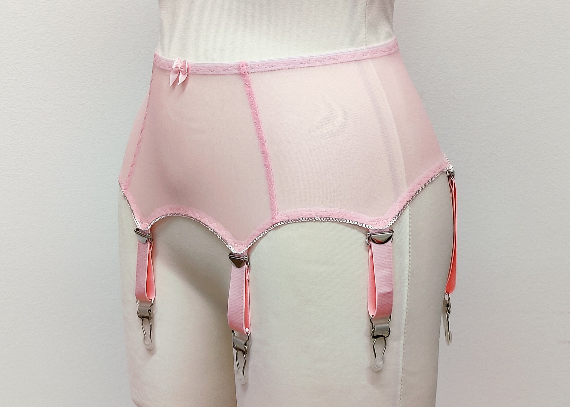 pink sheer 4 strap Lula garter belt, side view