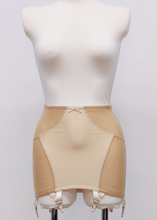 beige Open bottom Glenda girdle made with opaque front and back panels with sheer power mesh side panels. Can be made with 4 or 6 extra wide straps.