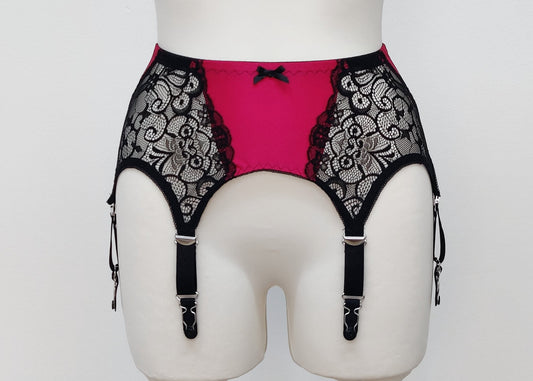 Magenta with black lace and straps, 6 strap Mona retro style garter belt