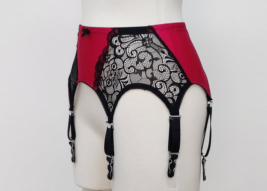 Magenta with black lace and straps, 6 strap Mona retro style garter belt, side view