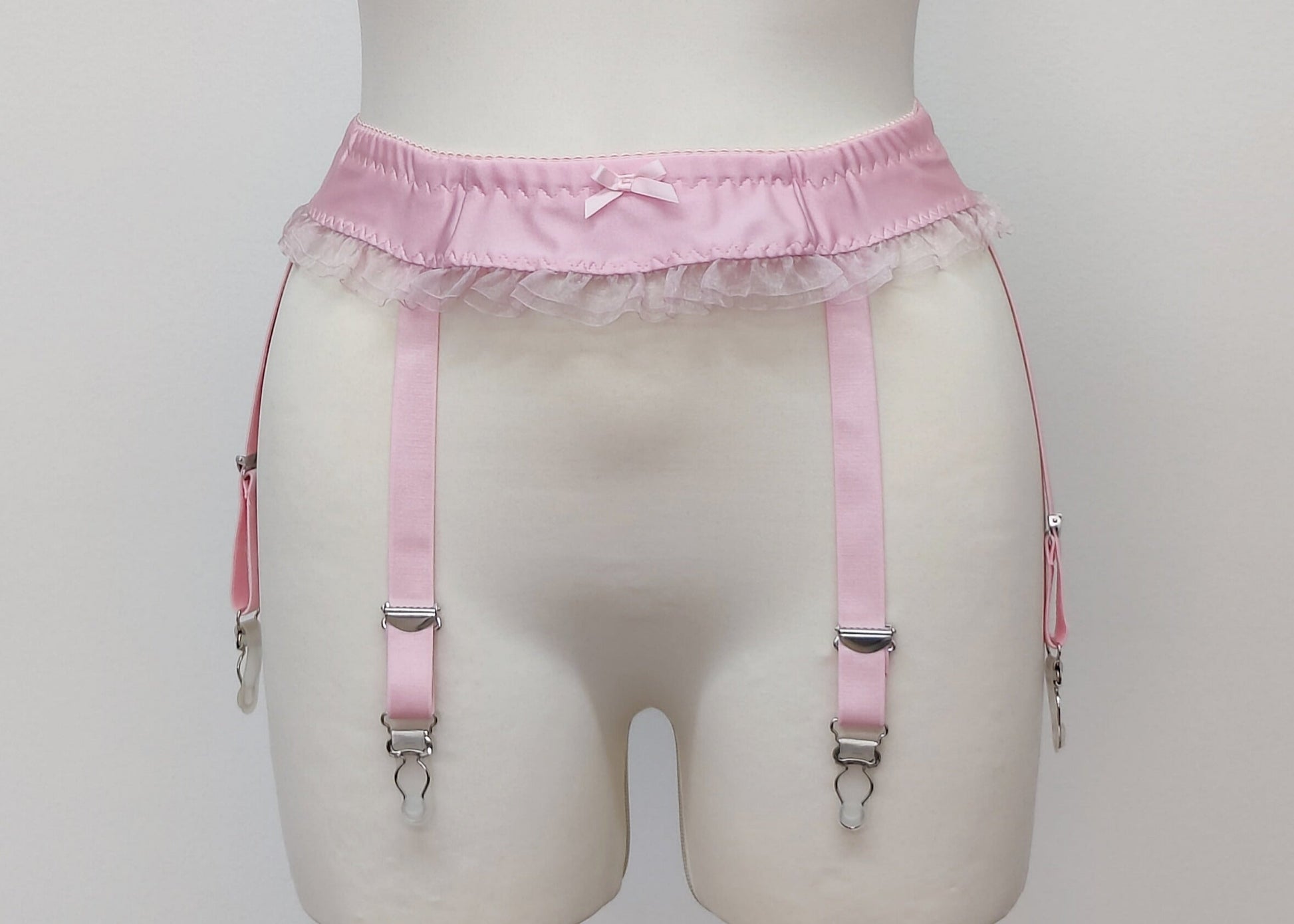 baby pink Summer garter belt with ruffle trim and 6 straps