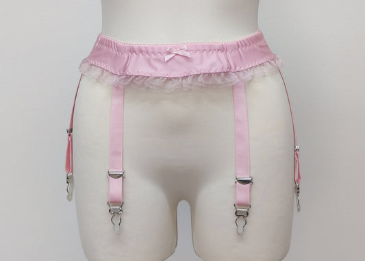 baby pink Summer garter belt with ruffle trim and 6 straps