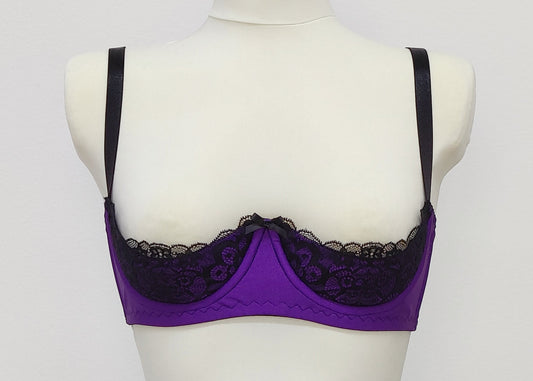 Purple LUCY Quarter cup bra with black lace and straps, size US 34C or EU 75C