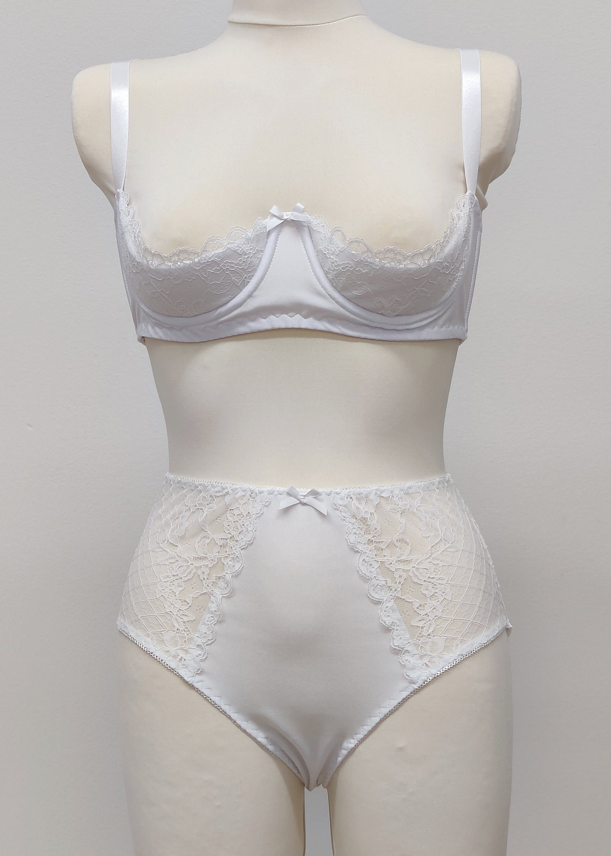 white lace quarter cup Lucy bra, shown with matching high waist panties