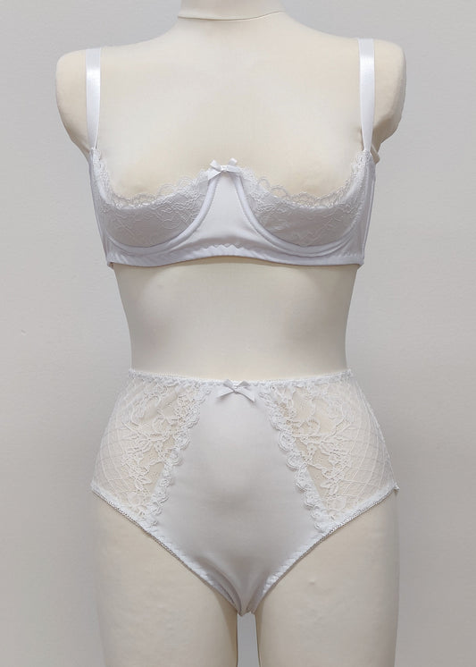 white lace quarter cup Lucy bra, shown with matching high waist panties
