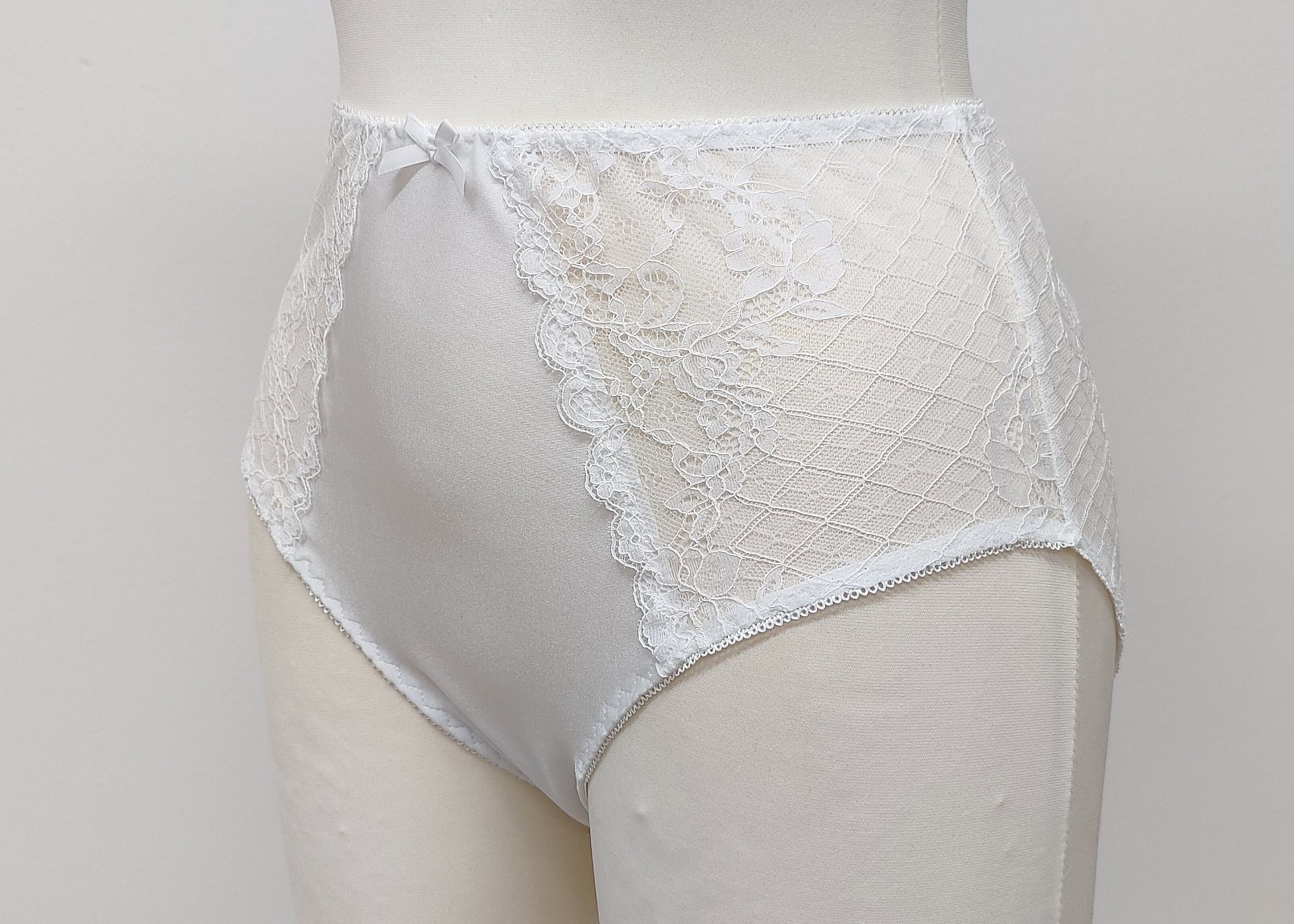 white high waist panties with lace side panels, side view