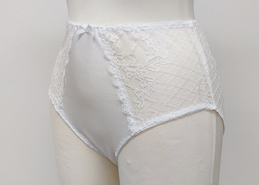 white high waist panties with lace side panels, side view