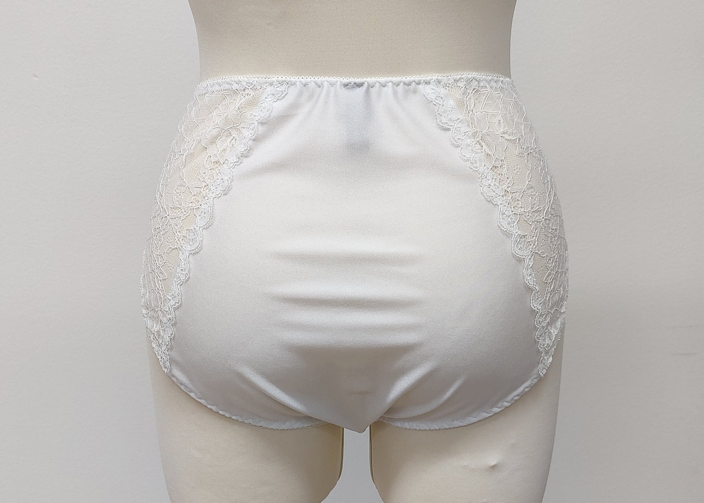 white high waist panties with lace side panels, back view