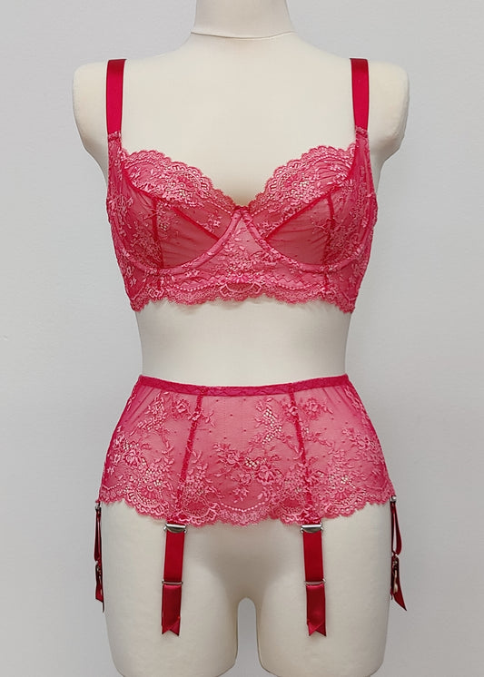 hot pink demi cup lace bra with matching 6 strap garter belt