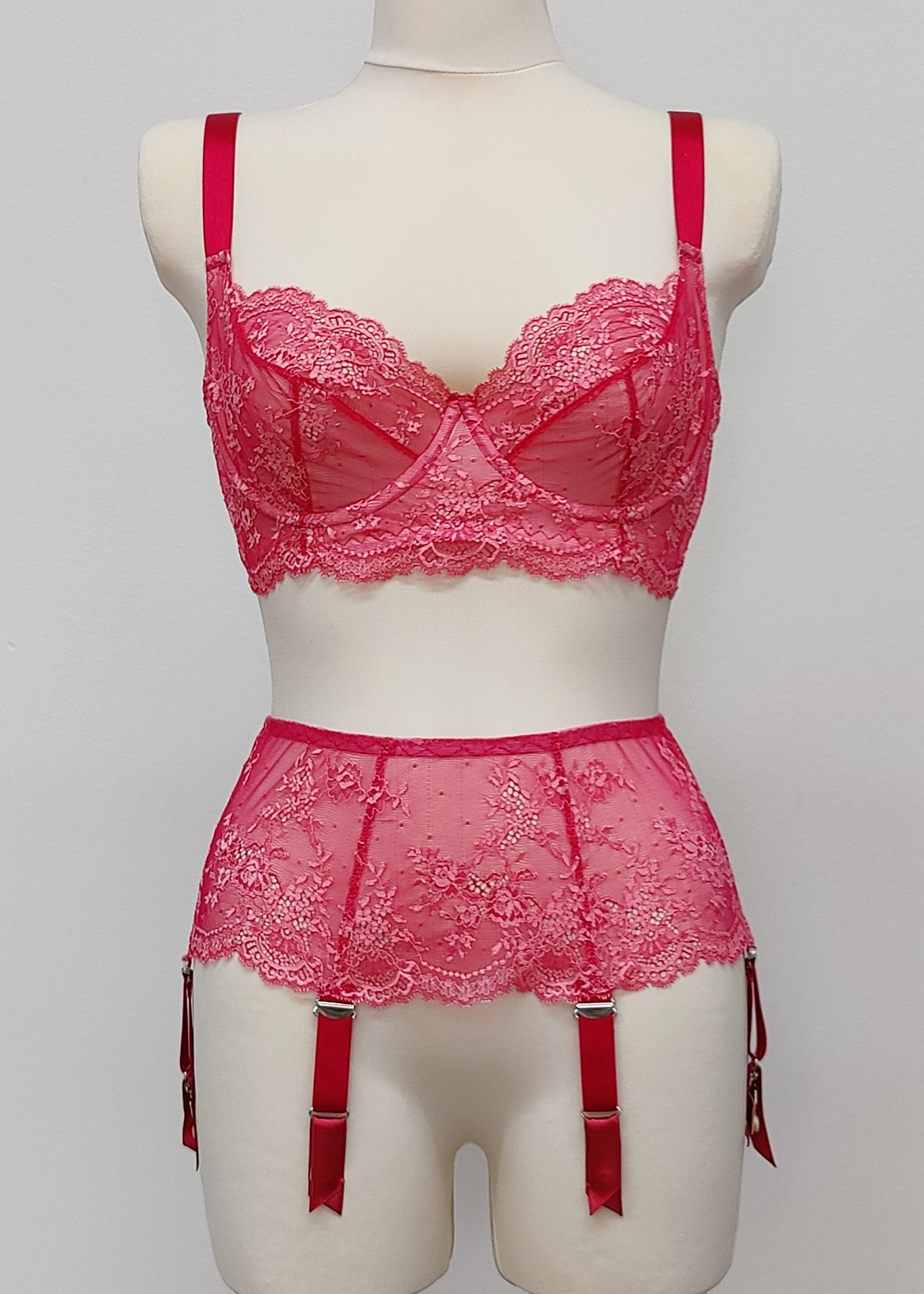 hot pink lace Judith garter belt with 6 straps, shown with matching bra