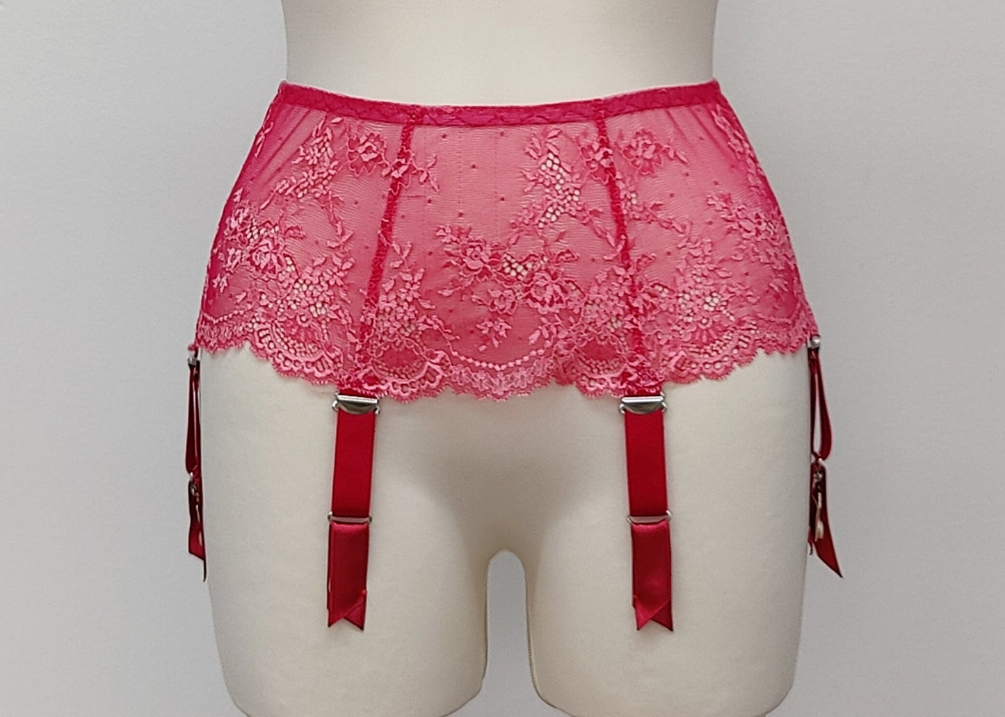 hot pink lace Judith garter belt with 6 straps