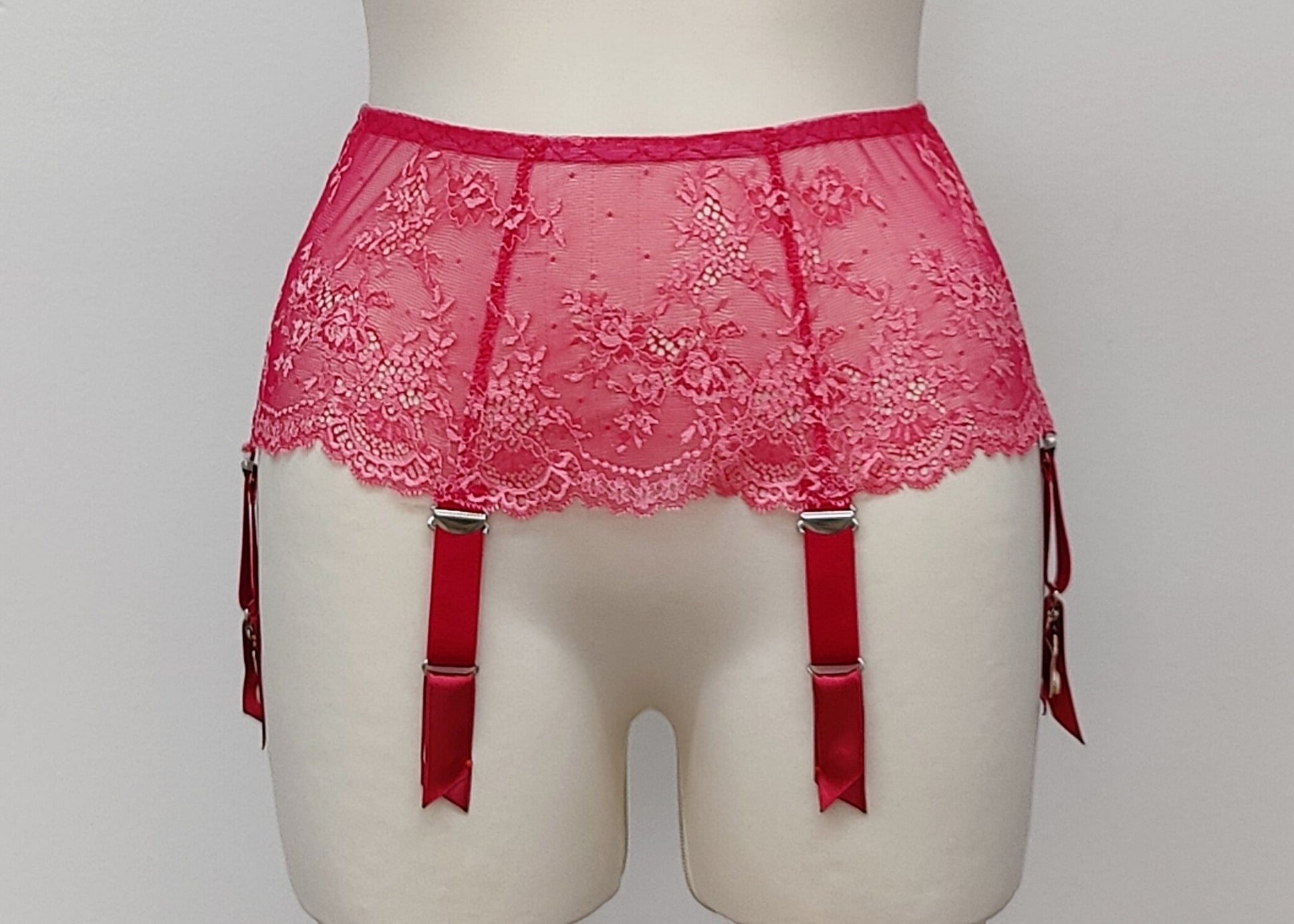 hot pink lace Judith garter belt with 6 straps