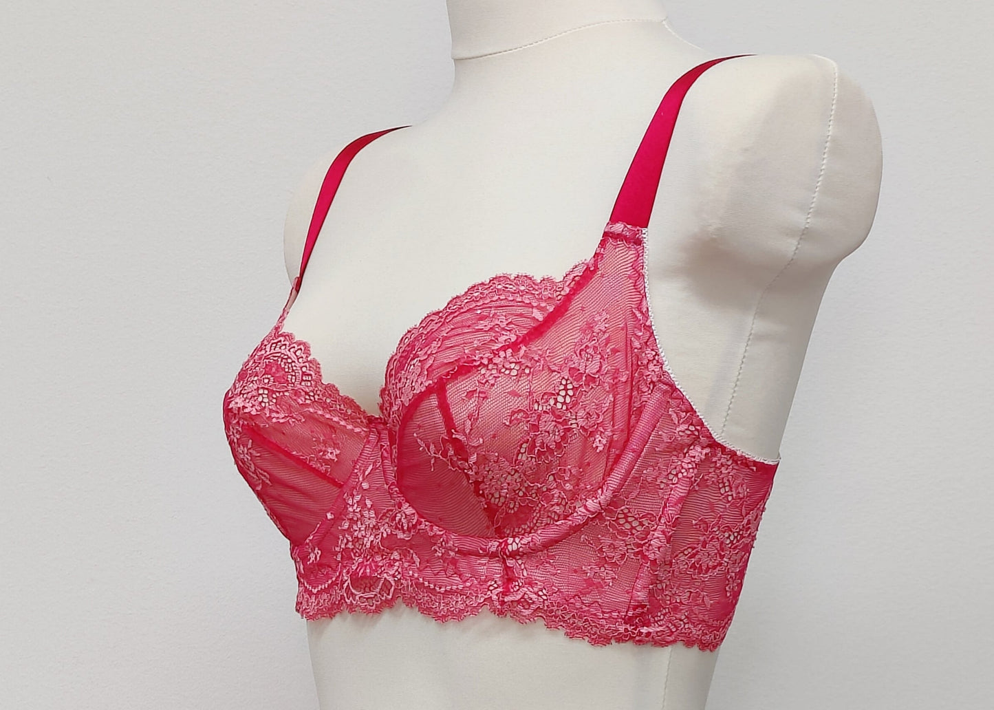 hot pink demi cup lace Judith bra, side view