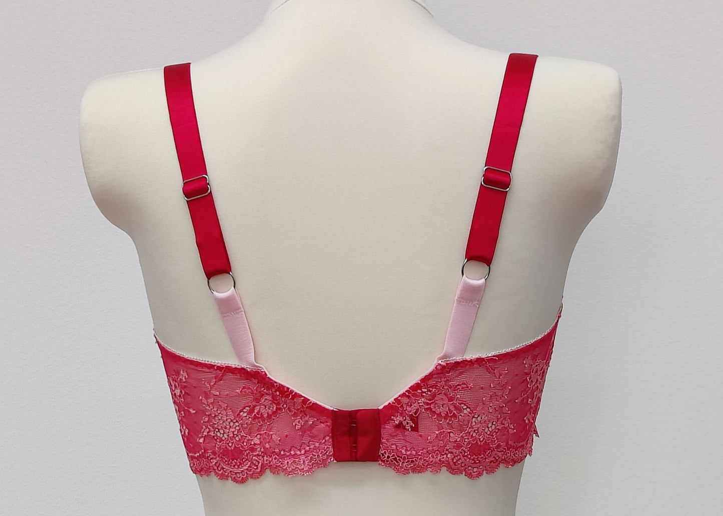 hot pink demi cup lace Judith bra, back view