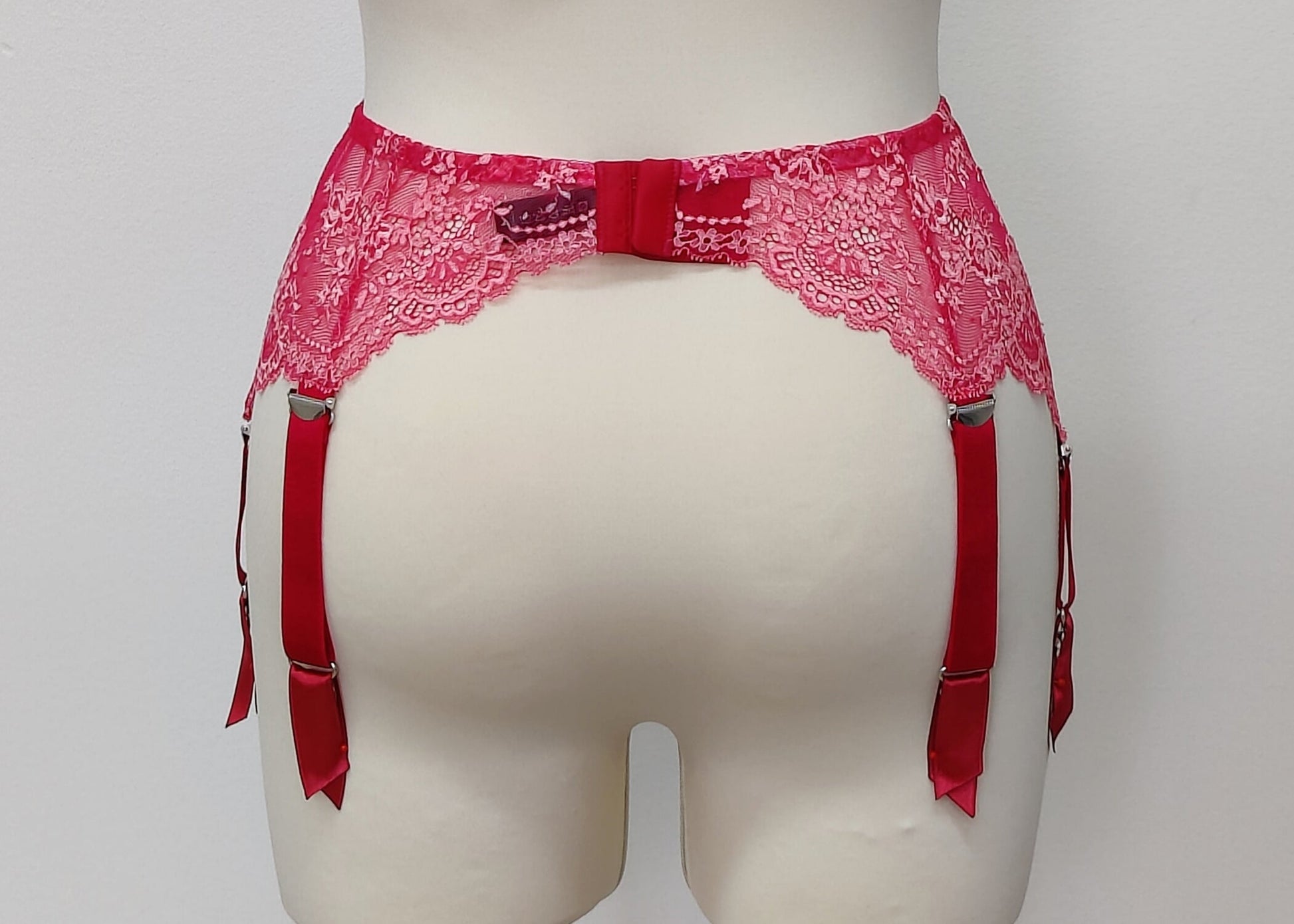 hot pink lace garter belt with 6 straps, back view