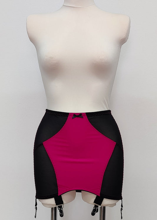 magenta with black Open bottom Glenda girdle made with opaque front and back panels with sheer power mesh side panels. Can be made with 4 or 6 extra wide straps.