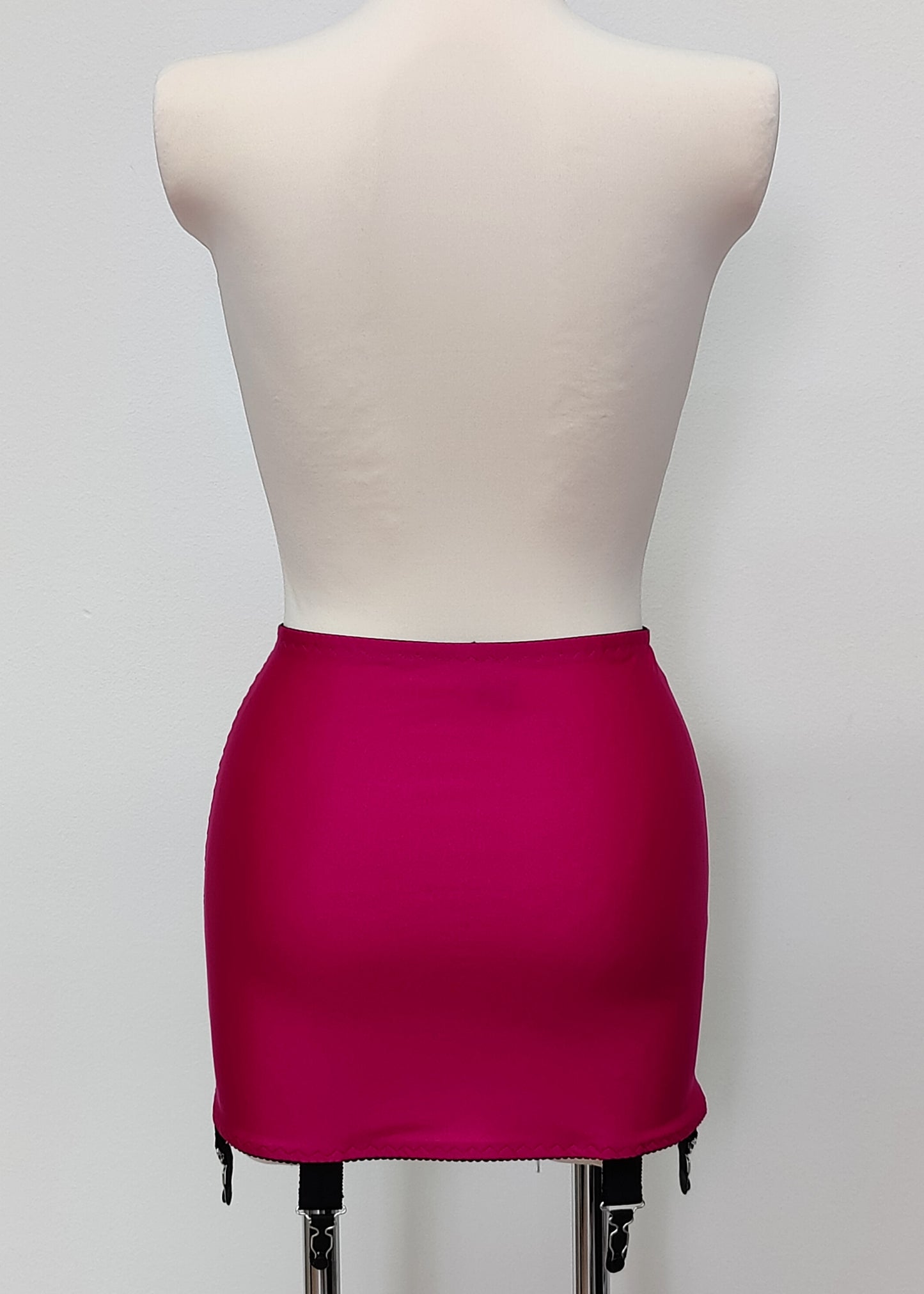 magenta with black Open bottom Glenda girdle made with opaque front and back panels with sheer power mesh side panels. back view