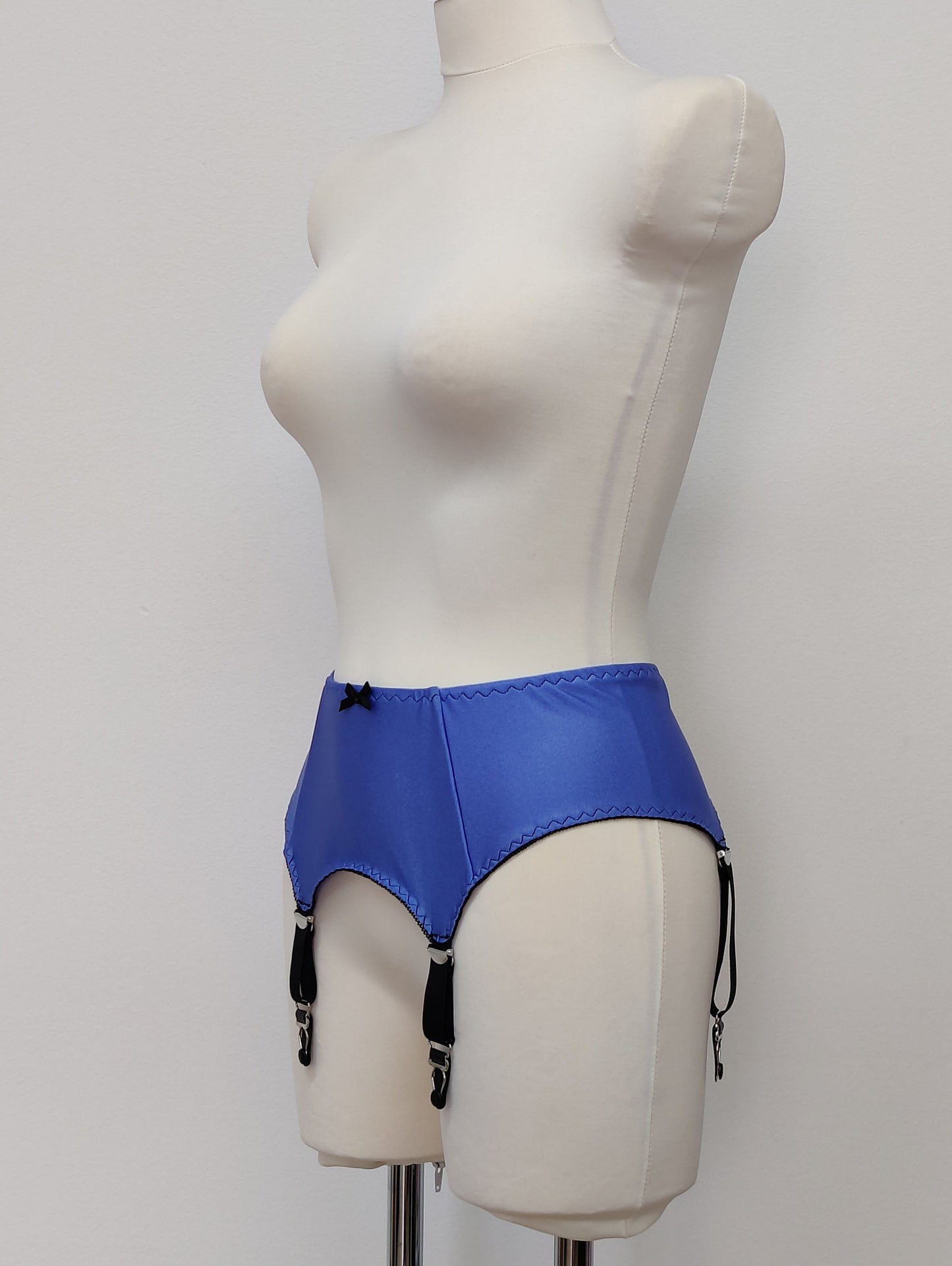 lavender blue classic retro style Greta garter belt with 4 adjustable black straps, side view