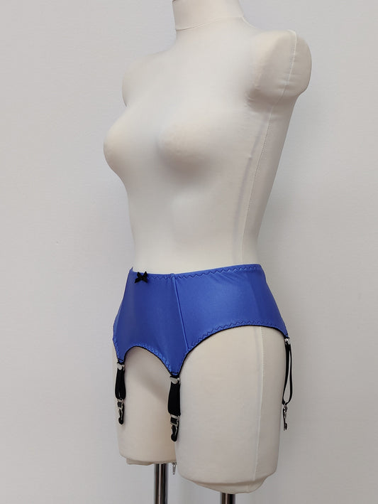 lavender blue classic retro style Greta garter belt with 4 adjustable black straps, side view