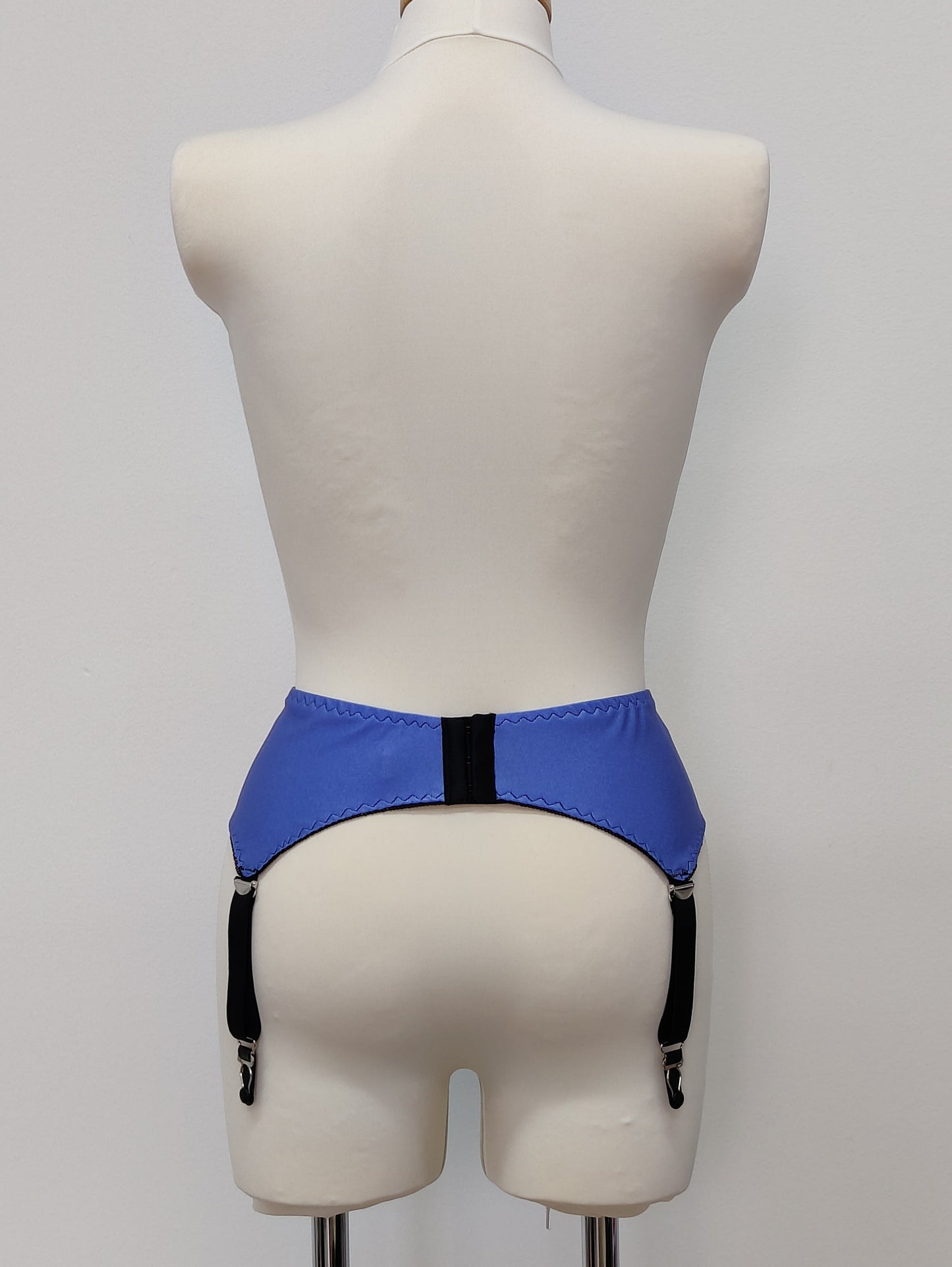lavender blue classic retro style Greta garter belt with 4 adjustable black straps, back view