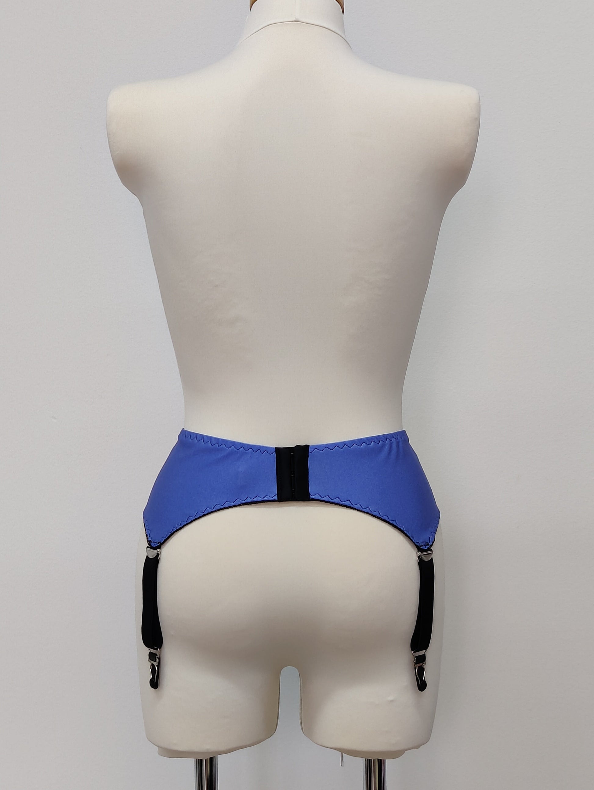 lavender blue classic retro style Greta garter belt with 4 adjustable black straps, back view