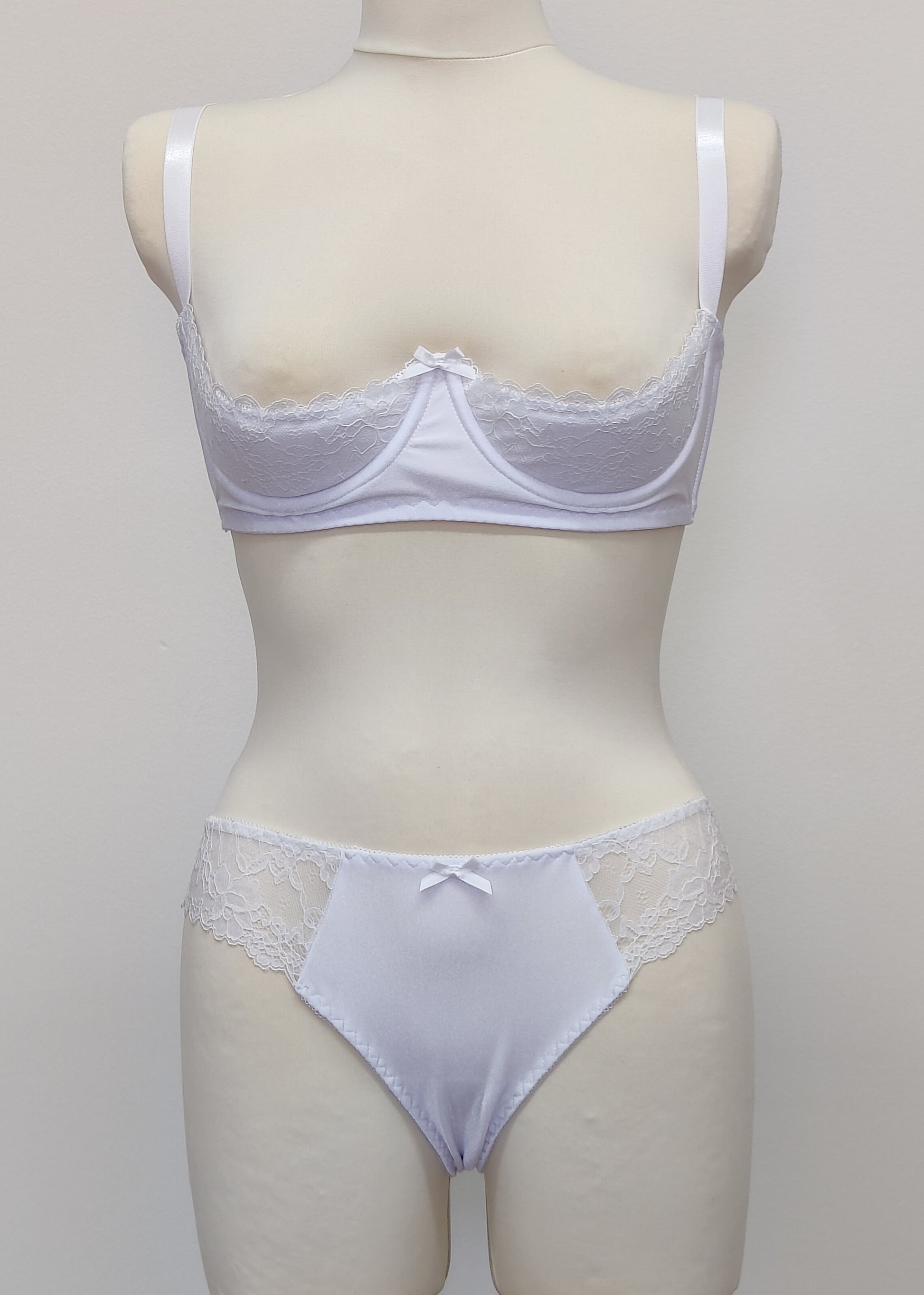 white bikini style Zigi panties with side lace panels, with matching Lucy quarter cup bra