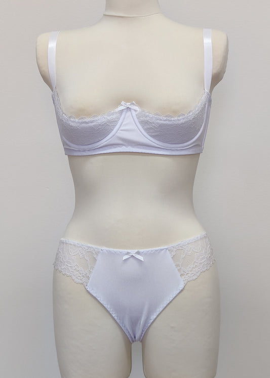 white bikini style Zigi panties with side lace panels, with matching Lucy quarter cup bra