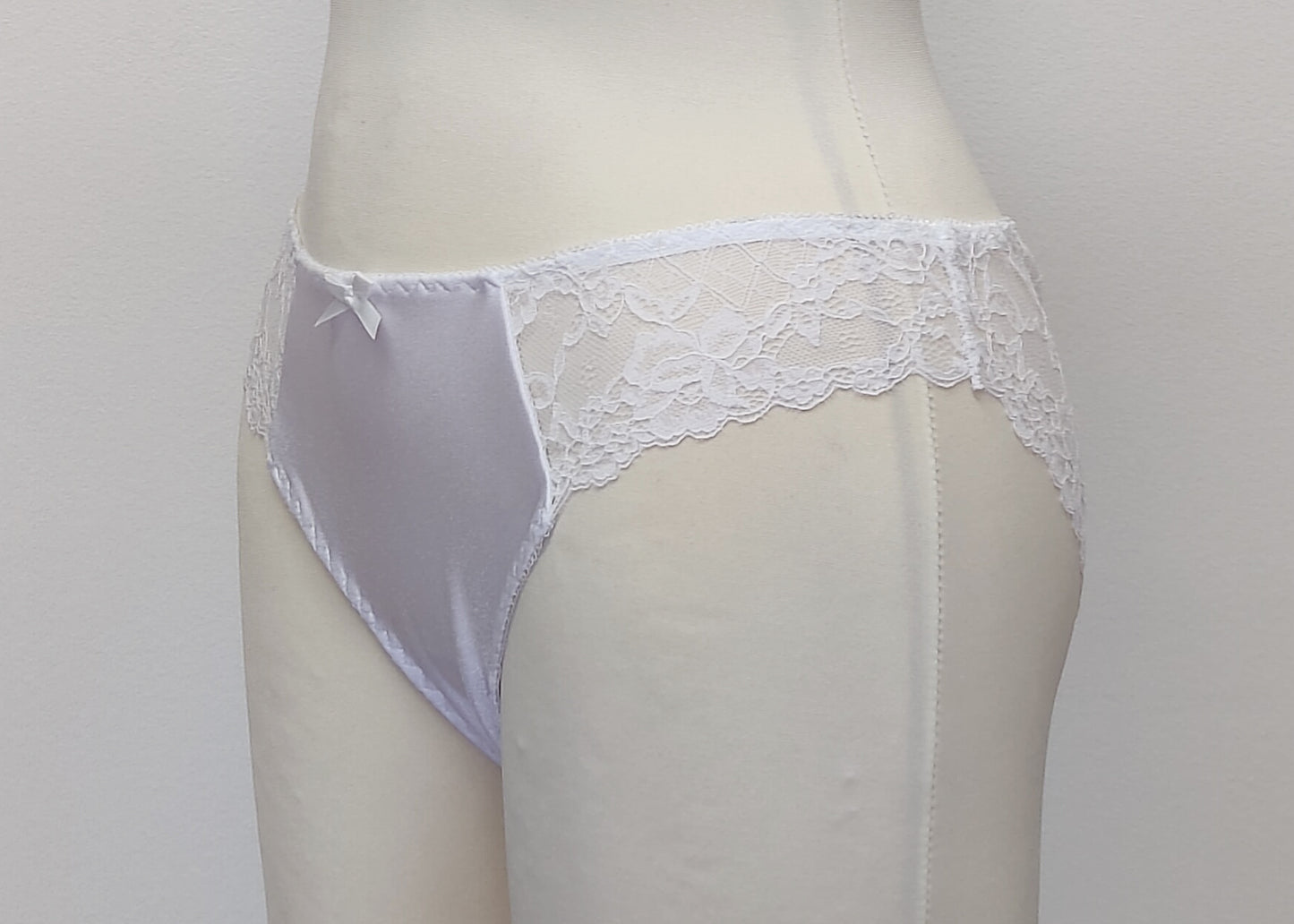 white bikini style Zigi panties with side lace panels, side view