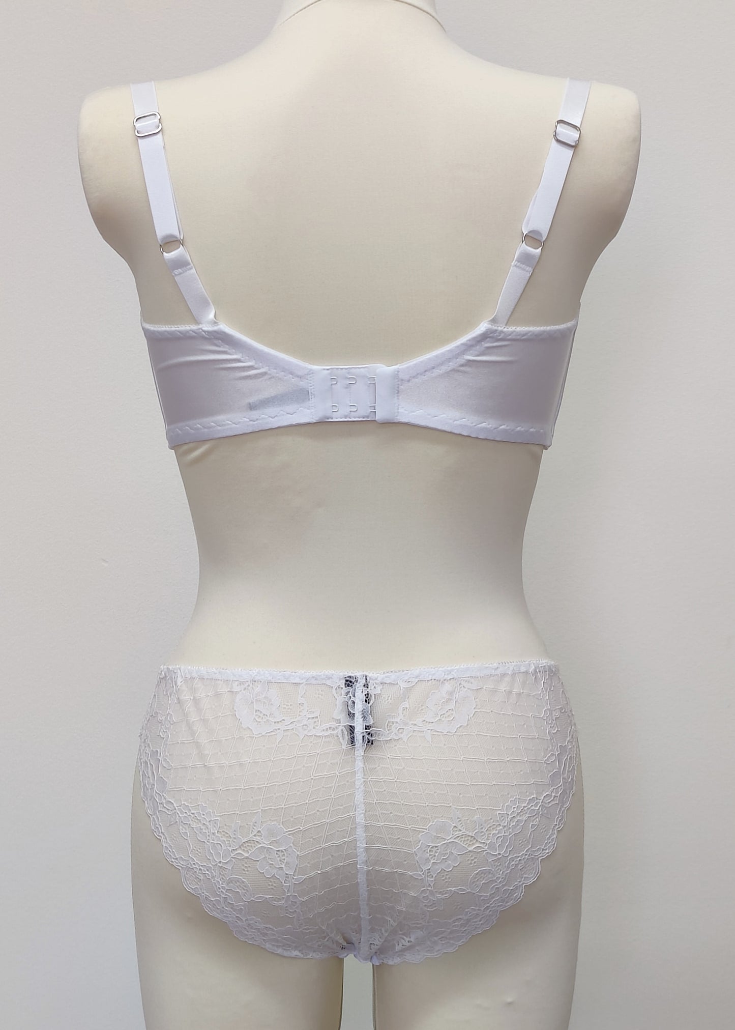 white bikini style Zigi panties with side and back lace panels, with matching Lucy quarter cup bra, back view