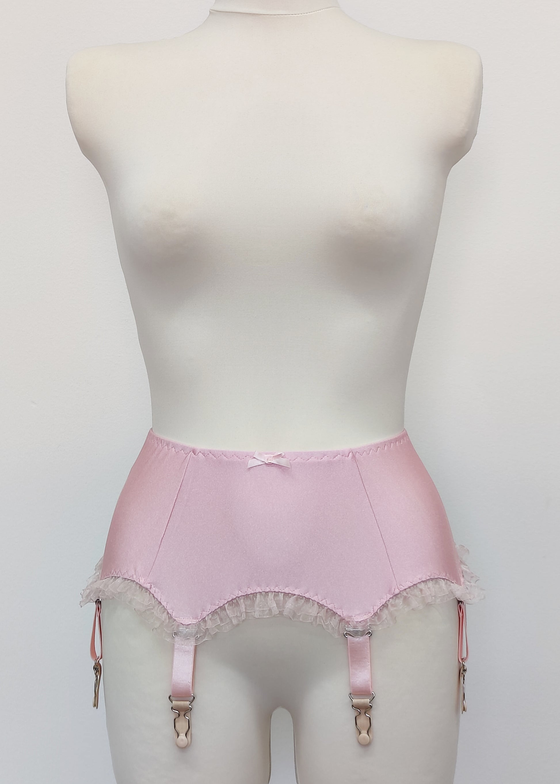 pink 6 strap Gigi garter belt with ruffle trim