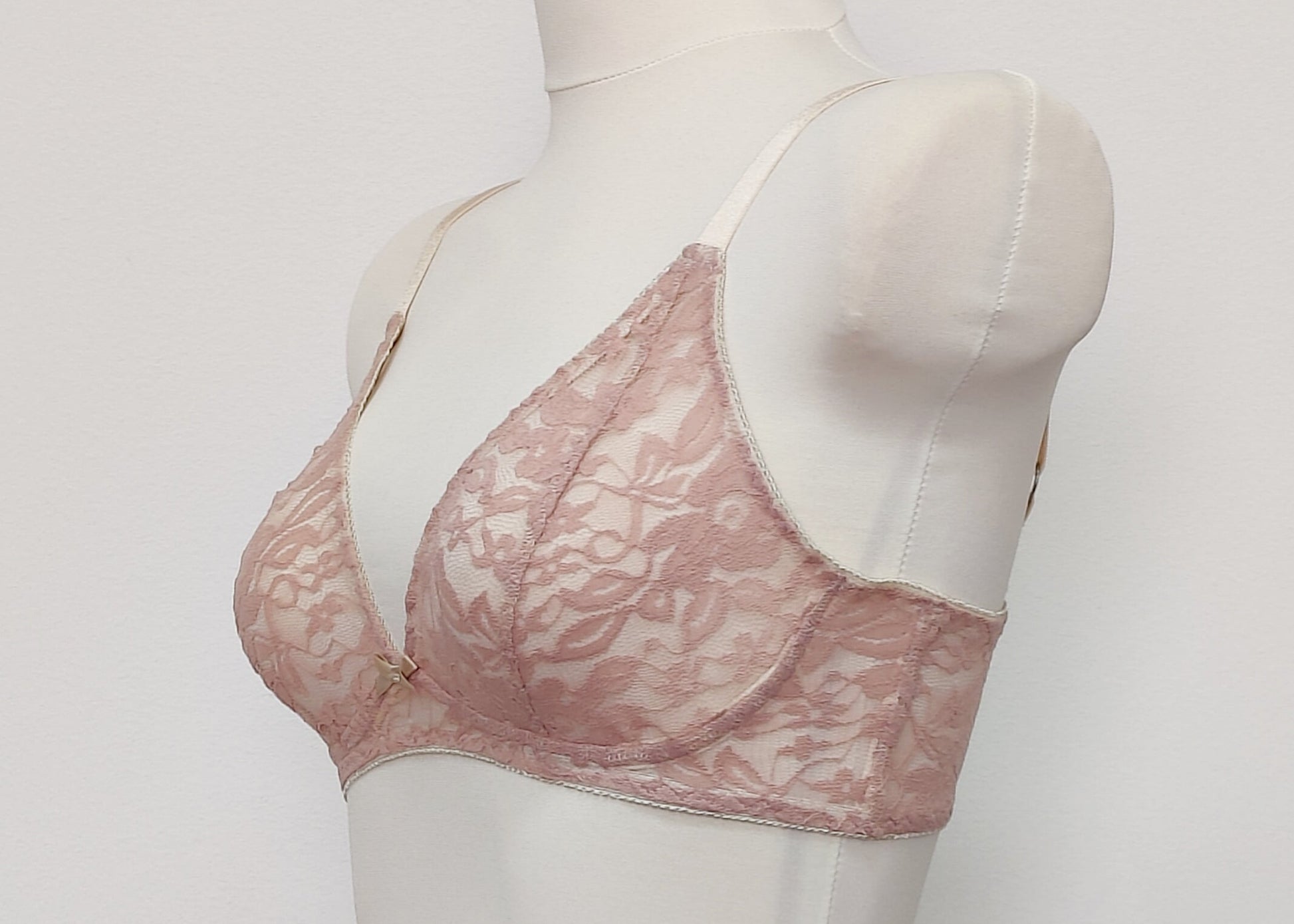pinkish-beige soft wireless bra/bralette, made in allover stretch lace, size 36C or 80C, side view