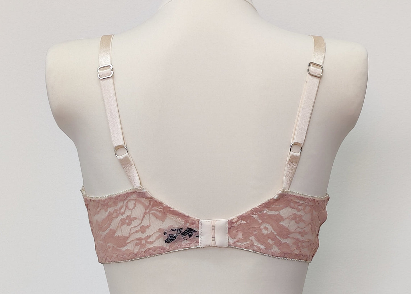 pinkish-beige soft wireless bra/bralette, made in allover stretch lace, size 36C or 80C, back view