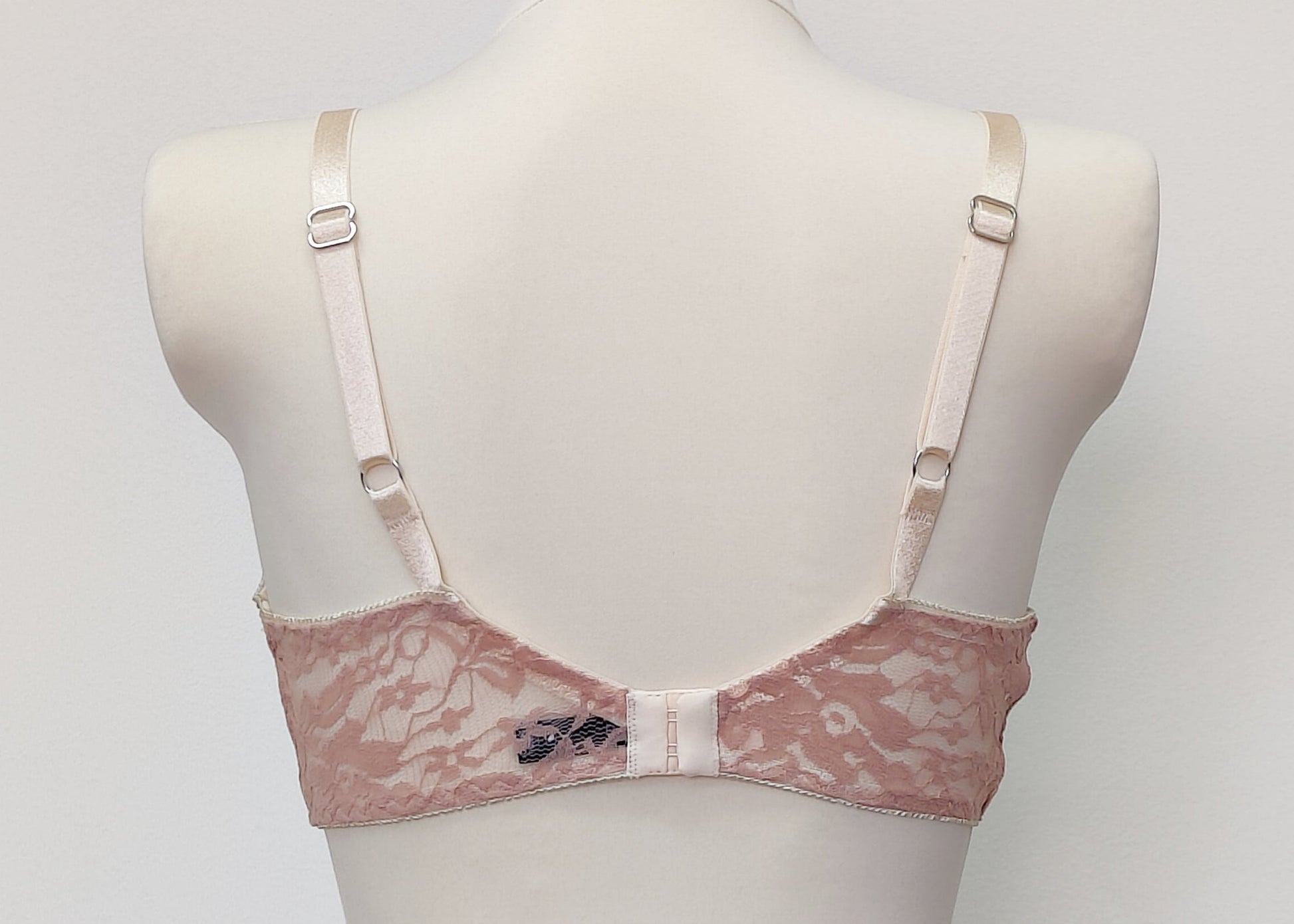pinkish-beige soft wireless bra/bralette, made in allover stretch lace, size 36C or 80C, back view