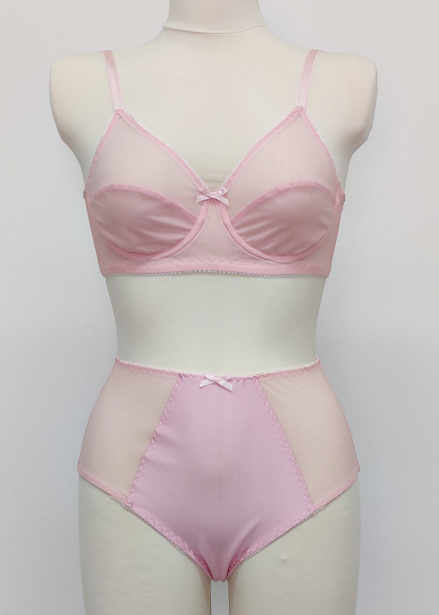 pink high waist Mia panties with sheer side panels, with sheer full cup Lily bra
