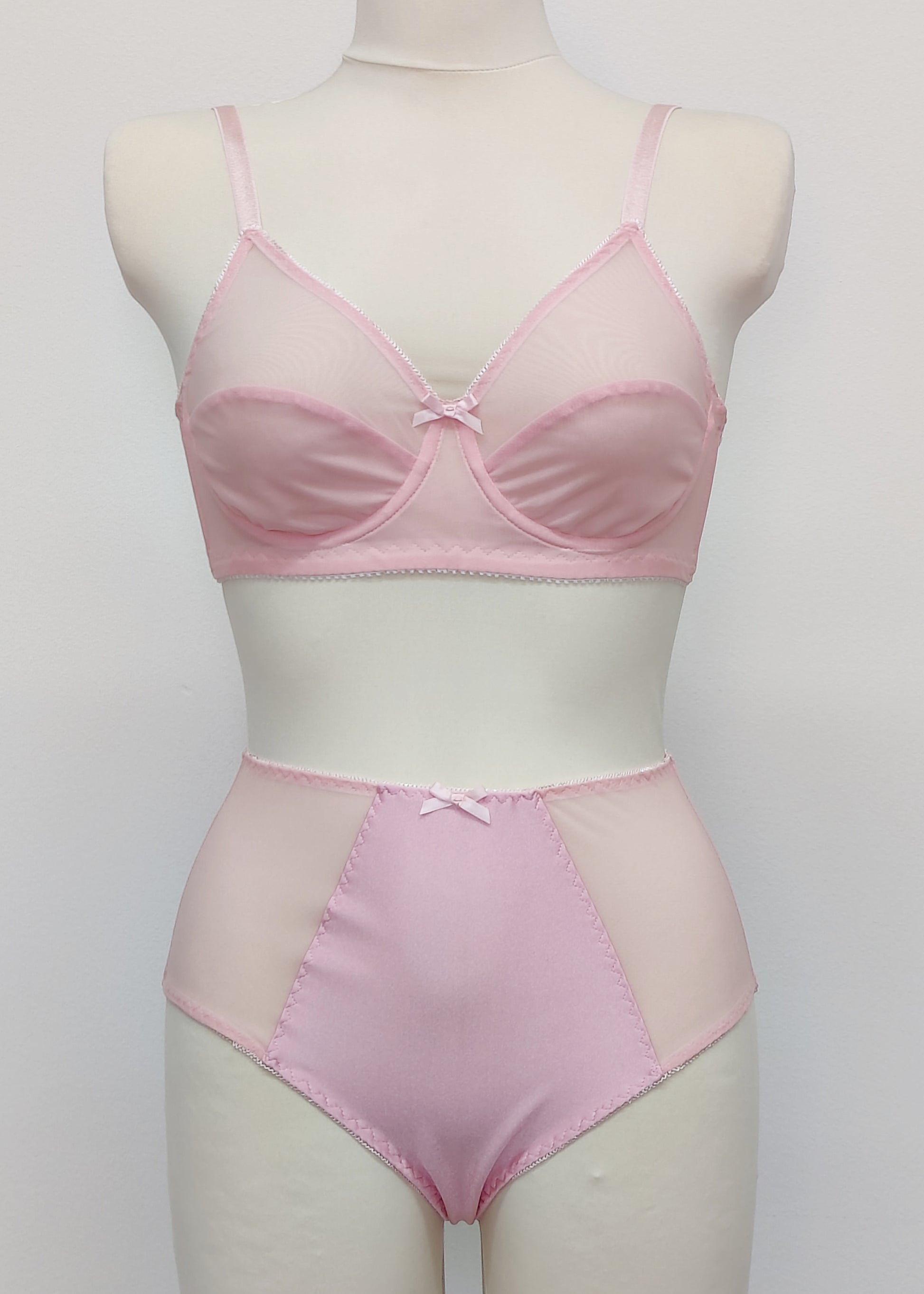 pink high waist Mia panties with sheer side panels, with sheer full cup Lily bra